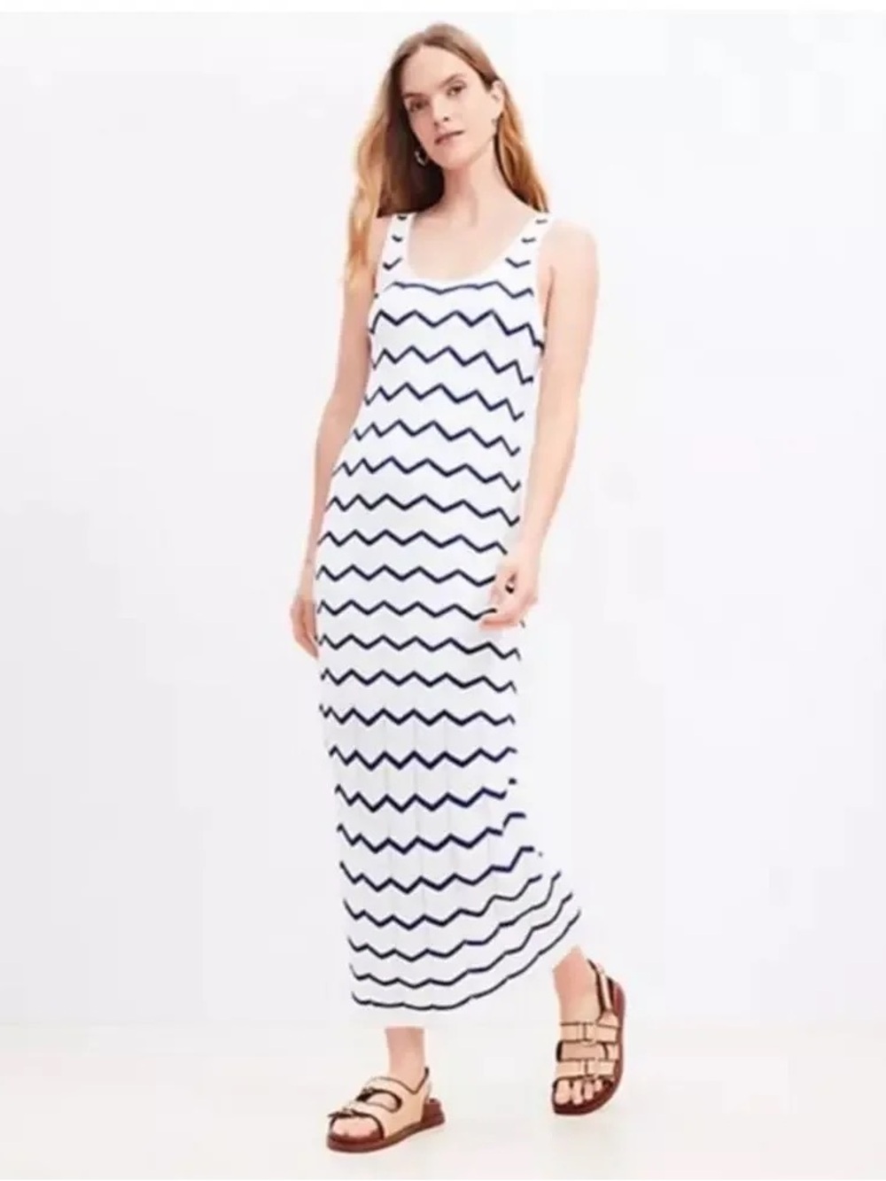 LOFT White Dress with Navy Chevron Detail